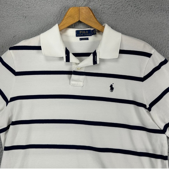 Ralph Lauren Mens Polo Shirt Large White Navy Stripe Rugby Nautical Classic Fit